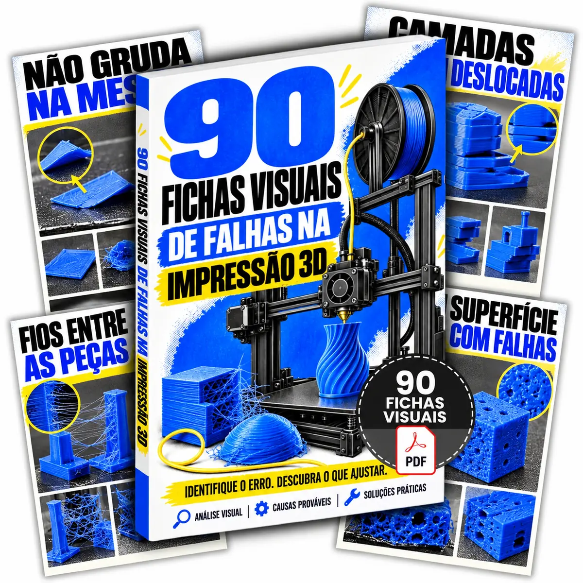 Mockup das 90 fichas visuais de falhas na impressão 3D
